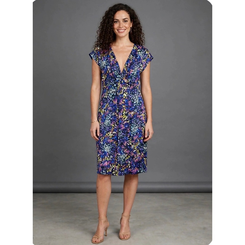 Catherine Malandrino Silk V-Neck Twist Front Floral Starburst Dress Purple 2